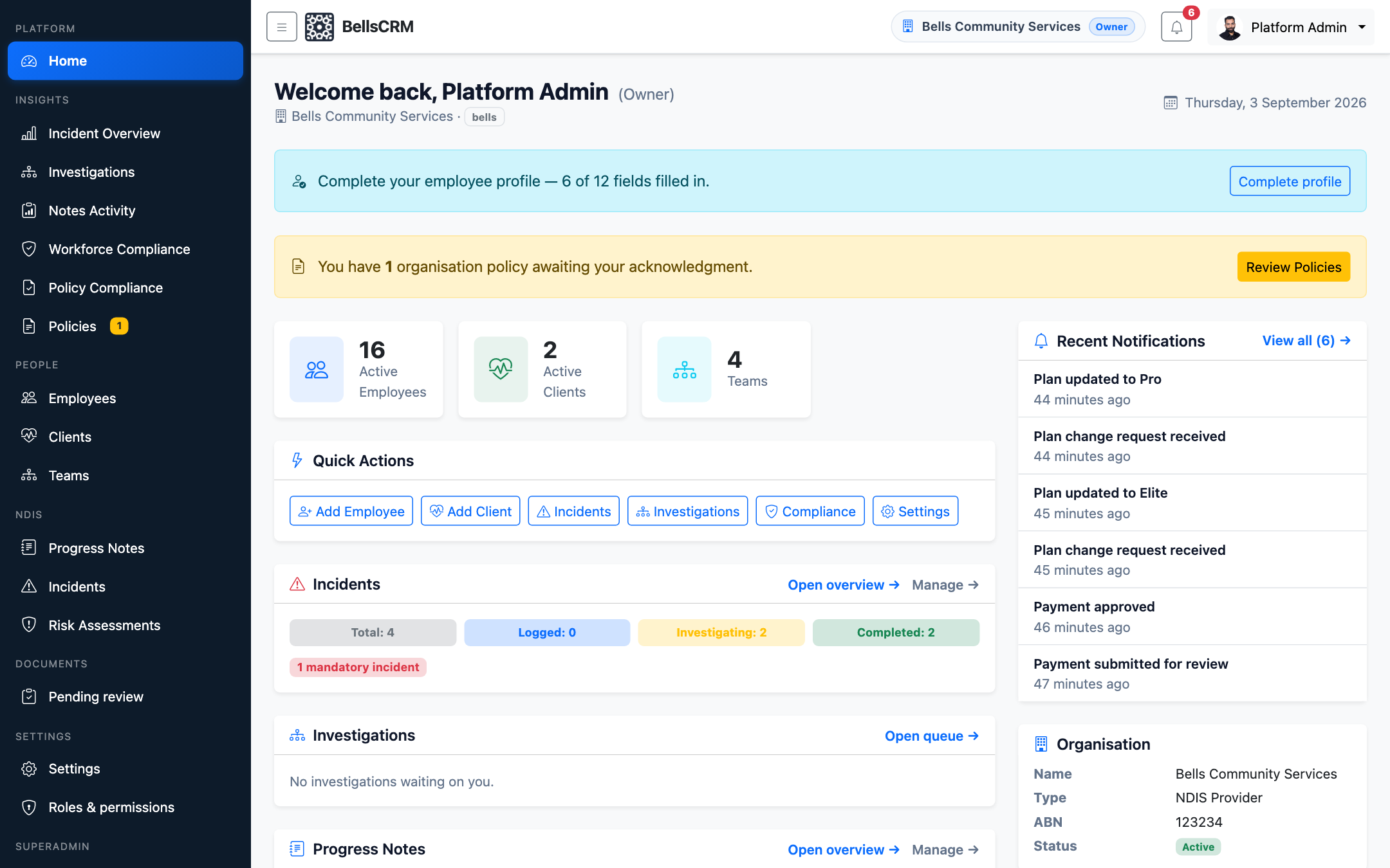 BellsCRM operations dashboard showing participants, notes, incidents, and compliance