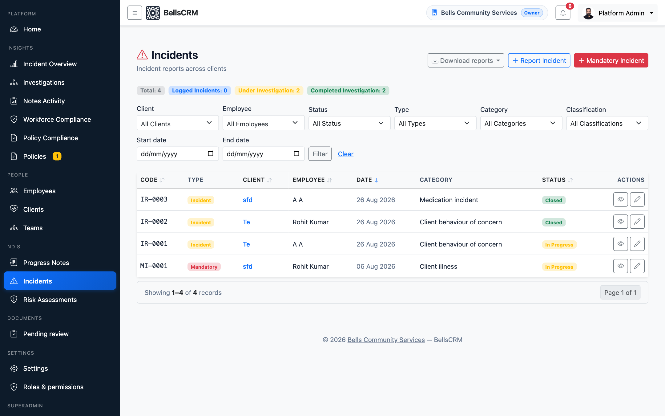 BellsCRM incident reporting list