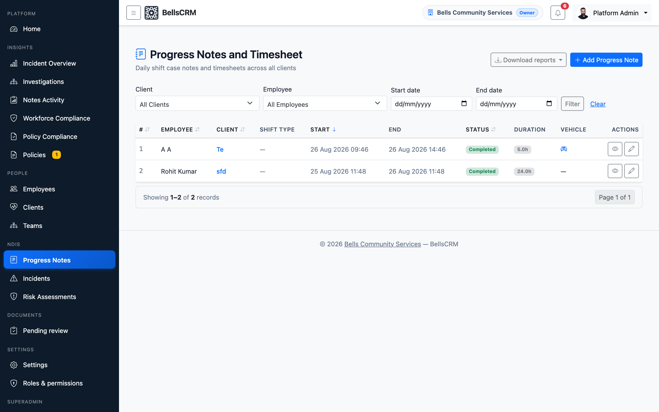 BellsCRM progress notes list